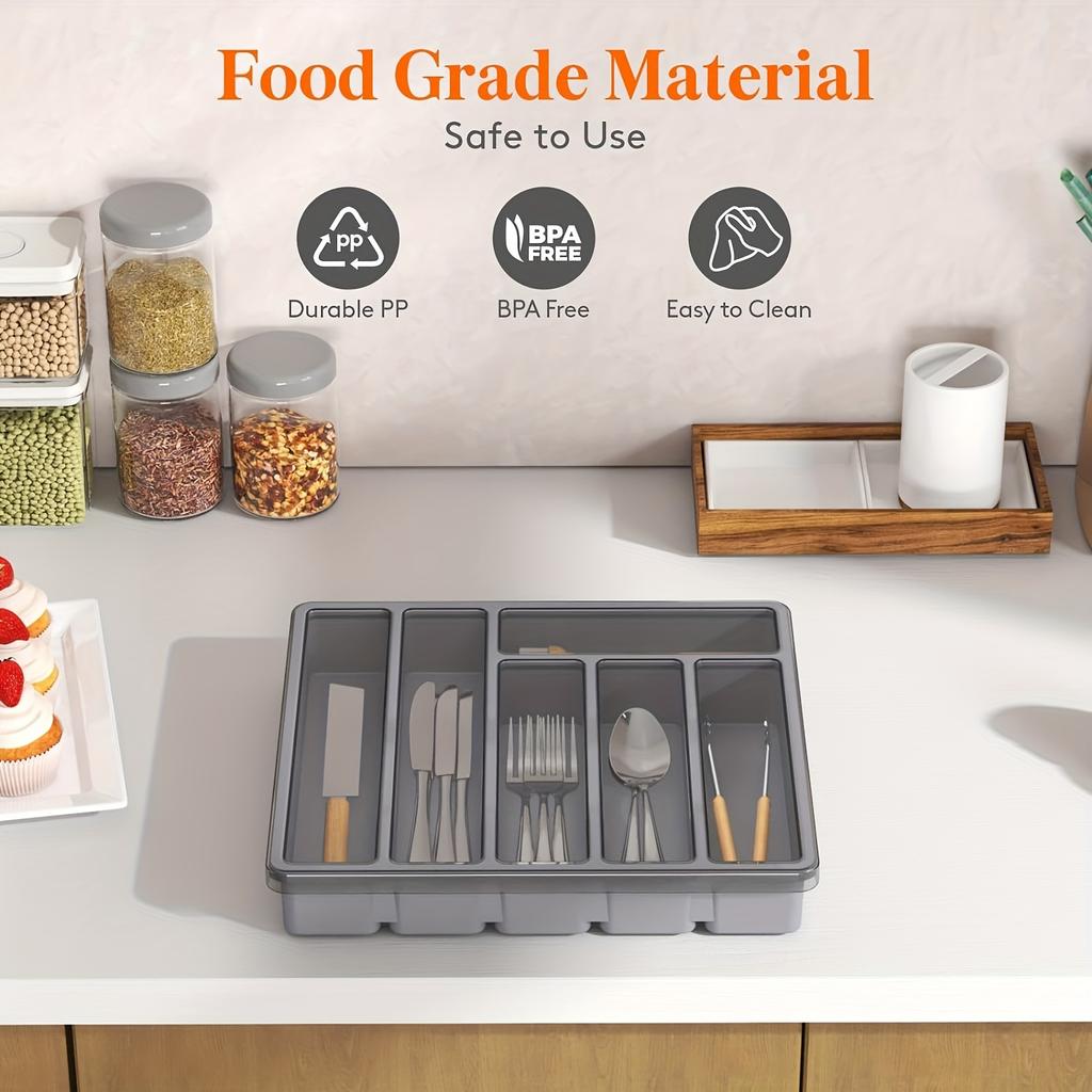 Silverware Organizer with Lid, Covered Utensil Tray for Kitchen Drawer and Countertop, Plastic Cutlery and Flatware Storage Box
