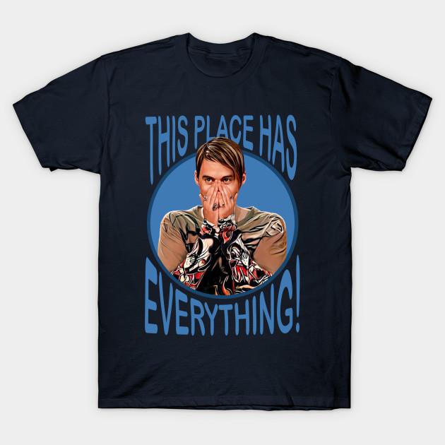 

Men Black Print T-shirt Stefon - This Place Has Everything No-Cut Transfer Paper Print Cotton Tshirt M Темно-синій