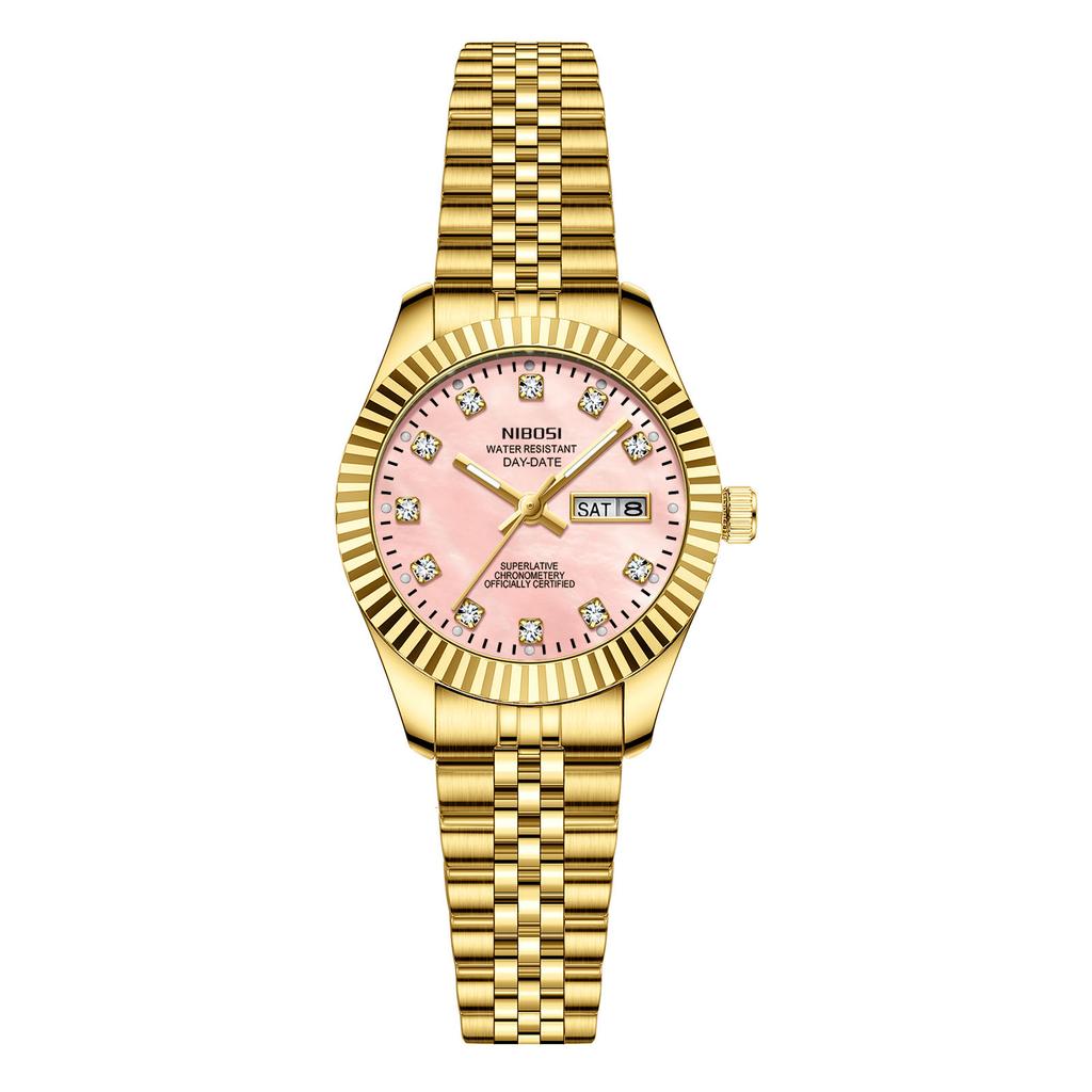 Nibosi 2697 Silver Gold Diamond Ladies Watches Stainless Steel Band Quartz Watch Waterproof Calendar Luminous Women Wristwatches