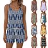 Women Summer Casual Two Piece Set Floral Print Sleeveless Tank Top with Square Neck and Drawstring Waist Shorts with Pockets