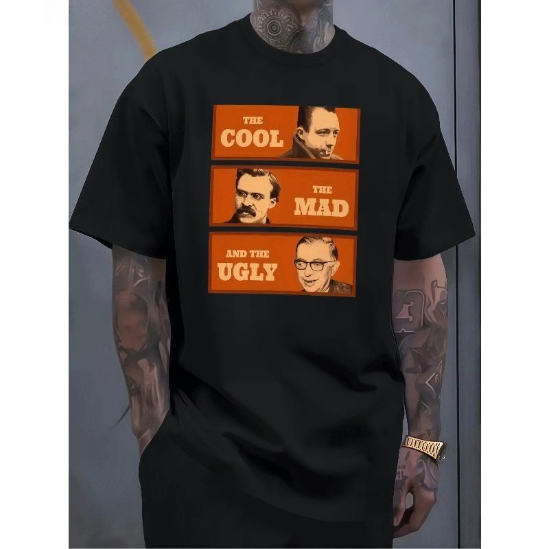 Philosophy Fan Exclusive Fun Spoof Men S T-Shirt, European And American Retro Literary Style Camus Nietzsche Sartre Print Short Sleeve S чёрный