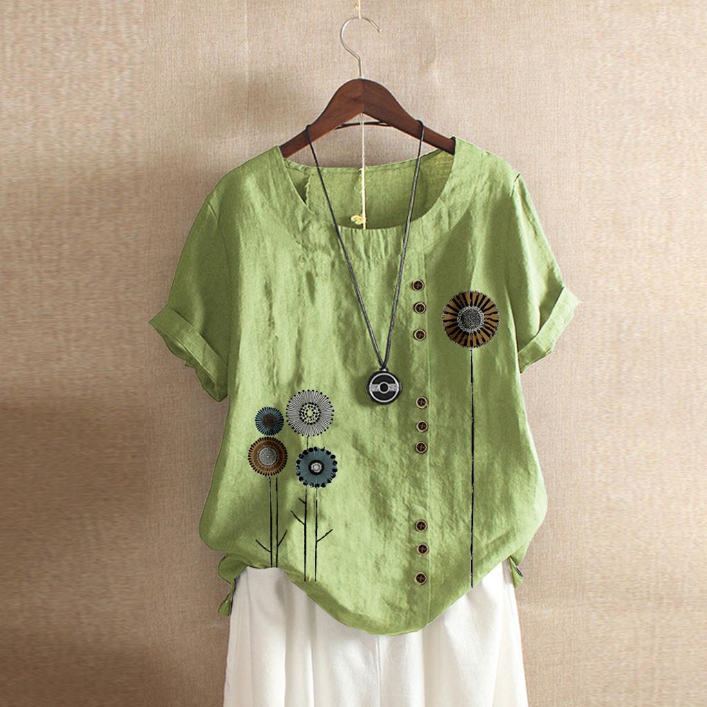 Women Buttons  Short Sleeve Floral Print Buttons Cotton Linen Vintage Top