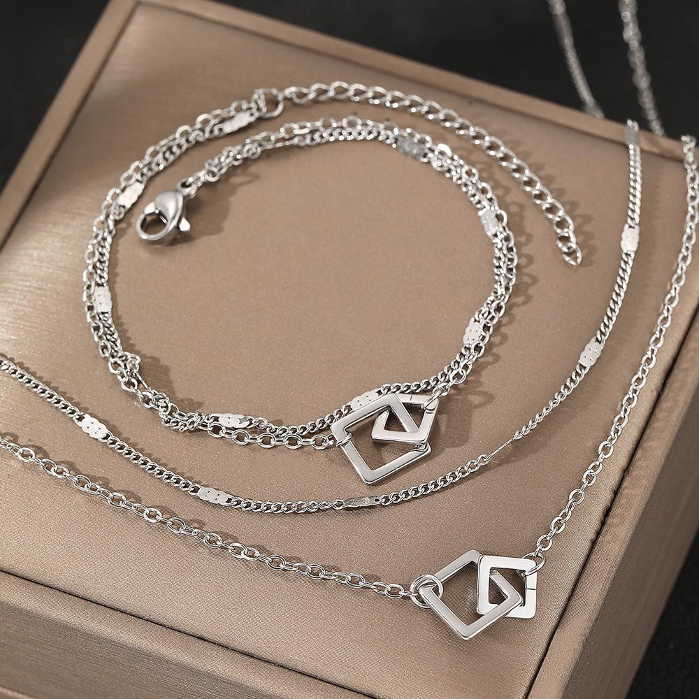 

Набор из циркония из нержавеющей стали Классическая мода Квадратная застежка Браслет Ожерелье Двойная цепочка Набор циркония для женщин Цирконий Благородный подарок