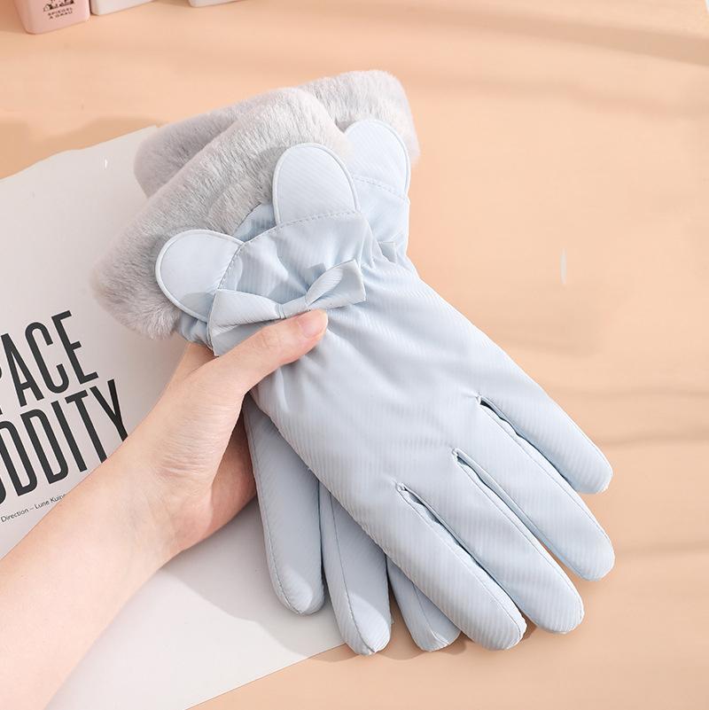 Women Winter Cycling Gloves Thick Plush Windpoof Solid Color Touch Screen Waterproof Warm Anti-slip Cute Embroidery Lady Outdoor Gloves