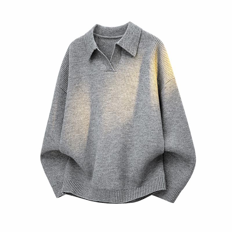 Men Casual Business Loose Long Sleeve Turn Down Collar V Neck Knit Polo Sweater