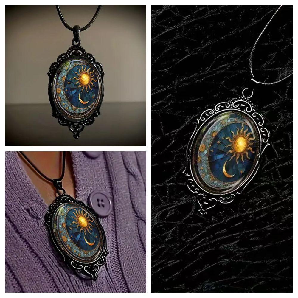 Vintage Gothic Glass Pendant Necklace Sun Moon Style Charm Necklace  Jewelry Accessories