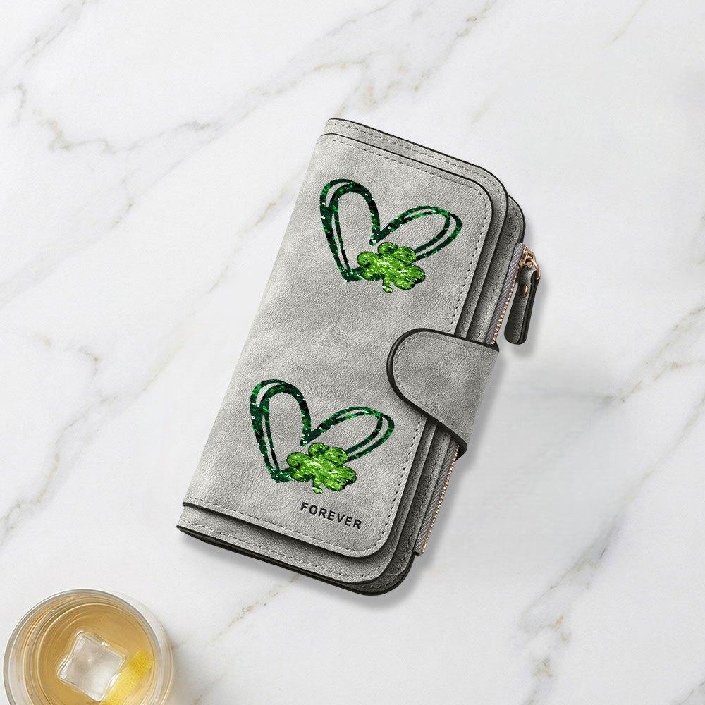 Long Wallet with Green Sparkling Heart and Four Leaf Clover Decorative Print Multifunctional Portable Coin Purse with Snap Closure Suitable for Daily