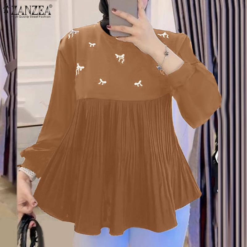 ZANZEA Women Casual Round Neck Long Sleeve Loose Print Blouse