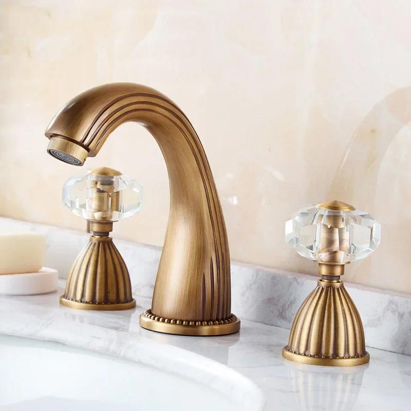 Crystal Handle Bathroom Basin Faucet 3 Holes 2 Handles Sink Mixer Faucet Basin Taps Torneira Rubinetti Bagno Bathtub Faucet