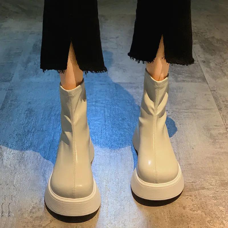 

Платформа Элегантные на среднем каблуке Черные короткие туфли для женщин Ботильоны Белые женские ботильоны Массивная обувь Кожа Горячая Y2k 35