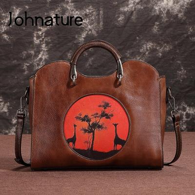 Retro Cow Leather Big Capacity Women Bag Casual Tote Hand Painted Handbag Ladies Shoulder Messenger Bags