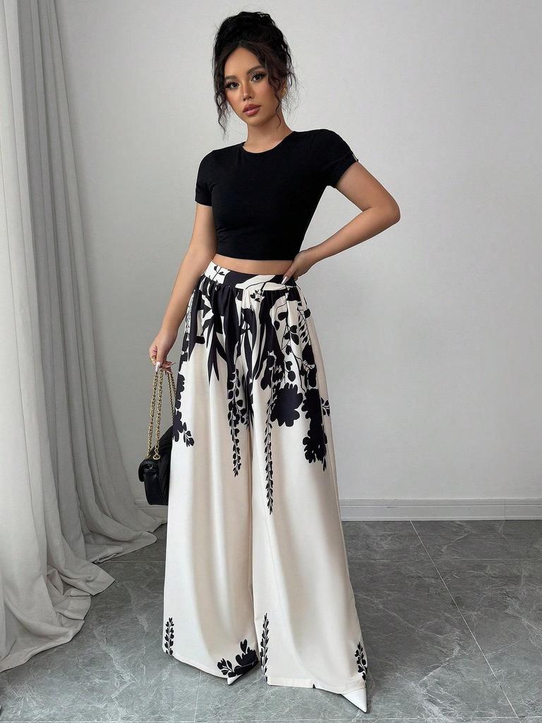 2025 Summer Women's Ink Print Mid-Waist Wide-Leg Straight Pants