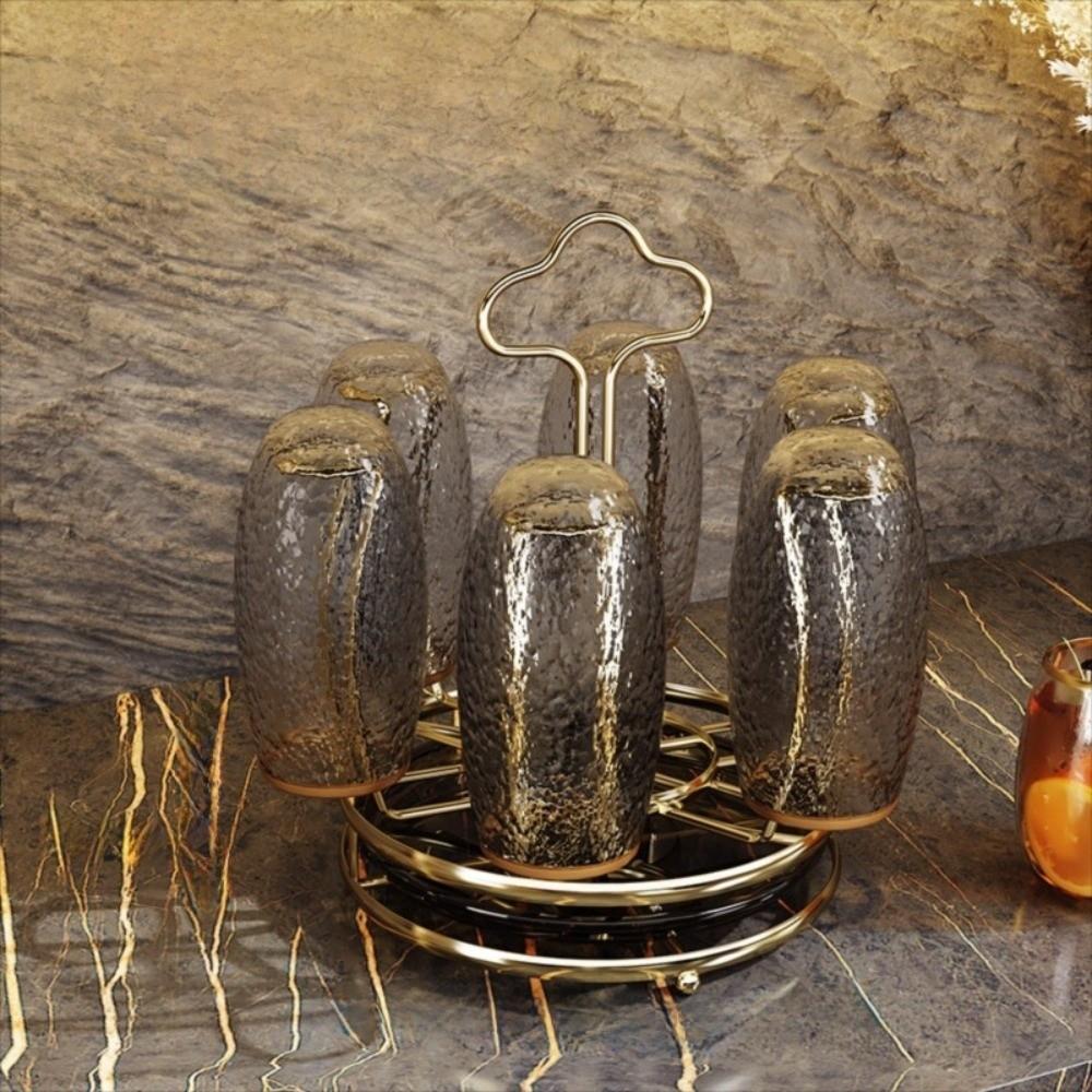 Large Capacity Cup Holder with Water Drain Tray 360° Rotation Glass Cup Storage Rack Bar