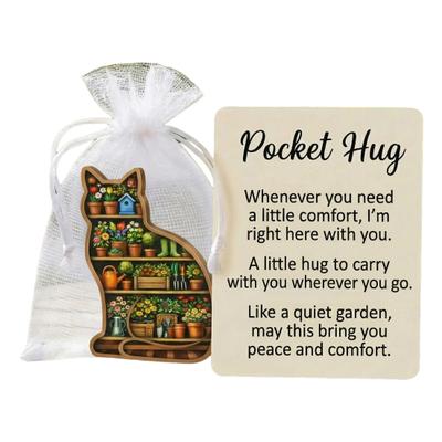Garden Cat Pocket Hug 2D Cute Cat-Shaped Figurine with Inspirational Positive Card Pocket-Sized Comfort Keepsake for Friends Family