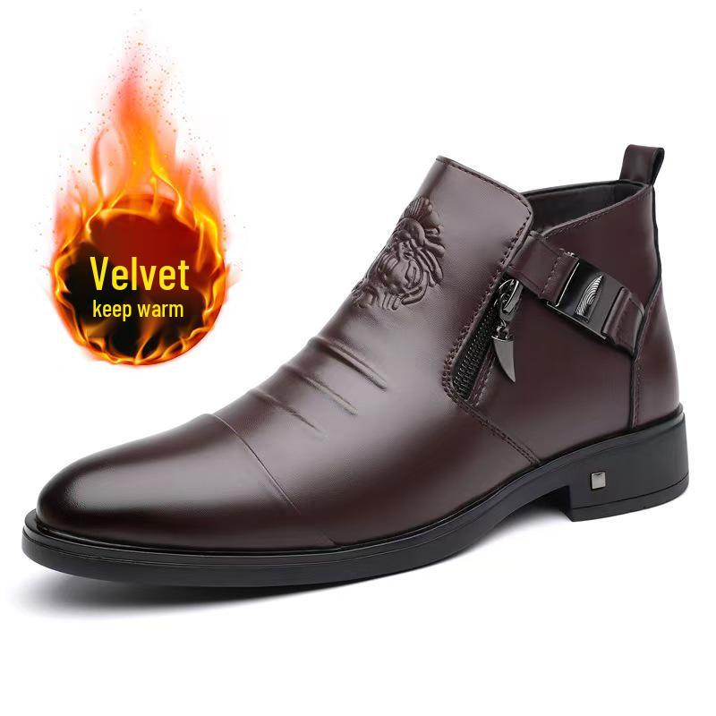 

Men s Autumn/Winter Leather Pointed Toe Zipper Shoes - Soft Sole Business Casual Low-Top Cotton Shoes 3-Piece Set (2025) 40