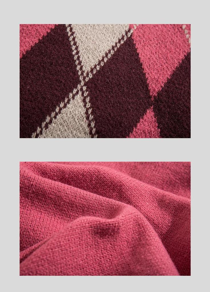 Men's Hong Kong Style Retro Diamond Pattern Loose Knit Sweater - Color Block Pullover & Cardigan for Autumn/Winter.