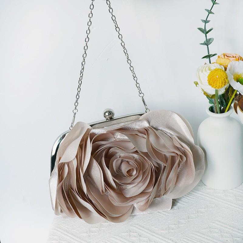 Elegant White Floral Clutch Bag Bridesmaid Evening Wedding Party Soft Silk Nylon Lined Oval Lock