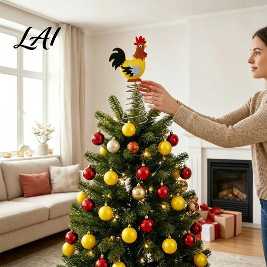 Farmhouse Cork Decoration Felt Rooster Christmas Tree Topper Xmas Top Cock Decoration Decor Animal Topper with Metal Spring Base Party Supplies