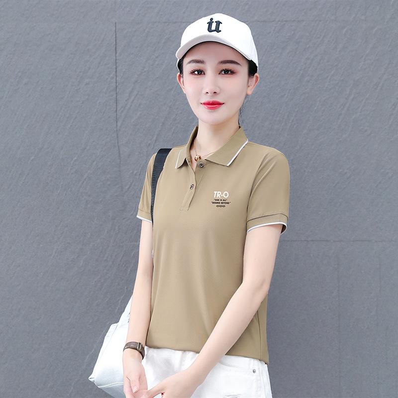Women's 2025 Summer Large Short-Sleeve Ice Silk Lapel T-Shirt: Slim, Versatile, Breathable