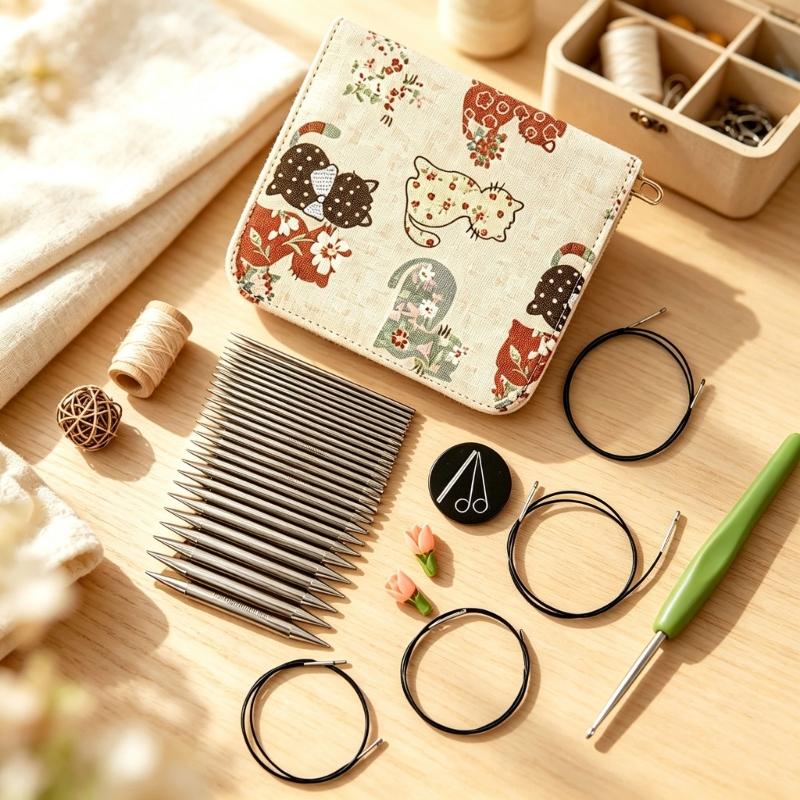 13-Pair Knitting Needle Set, Interchangeable Metal Circular Needle with 4 Flexible Cables, Plus Storage Case with Retaining Bands and Interior Pocket