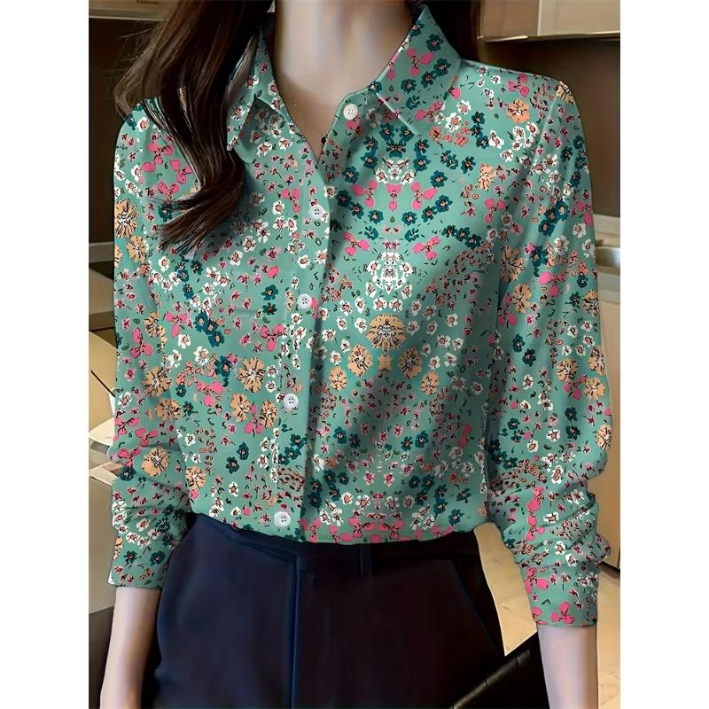 New Women's Lapel Long Sleeve Shirt Casual Loose Hundred Fashion Trend Flower Pattern Ladies Daily Outdoor Travel Clothing
