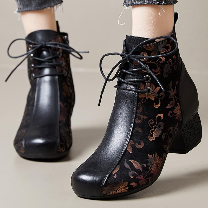 Fashion GKTINOO Genuine Leather Ankle Boots 2025 Winter New Ethnic Printed Women's Boots Soft Soles Thick Heels Mother's Leather Boots