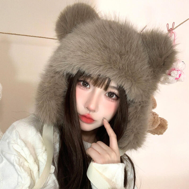 Women s Fur Pom Pom Bear Balaclava Hat C7538_Latte