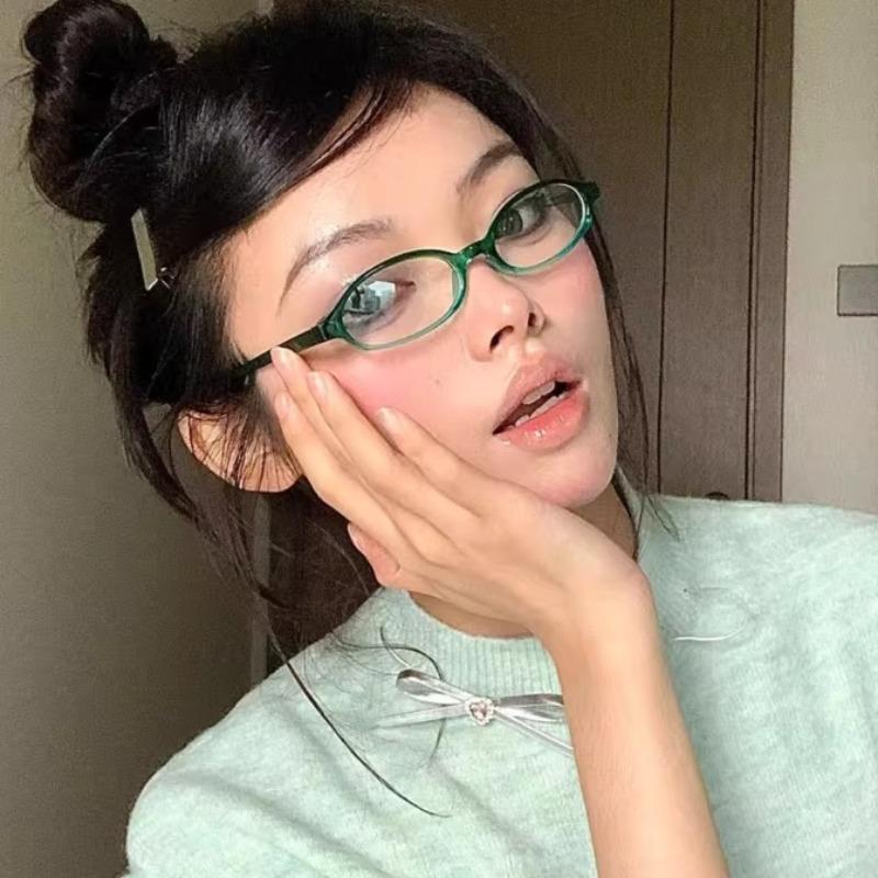 Y2K Vintage Small Oval Glasses Girls Style Red Green Frame Glass Eyewear Decorative Outdoor Anti-blue Eyeglasses Gifts