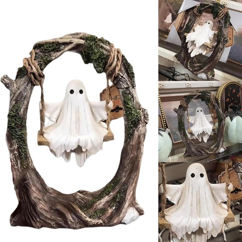 Halloween Swing Ghost Statue Resin Spooky Figurine Ghost Tree Swing Ornament Desktop Bookshelf Garden Patio Lawn Halloween Decor
