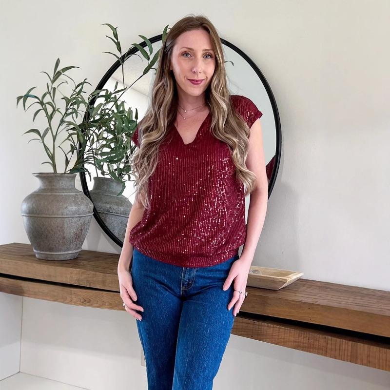 Damen Sommer V-Ausschnitt Pailletten Kurzarm Top Weste