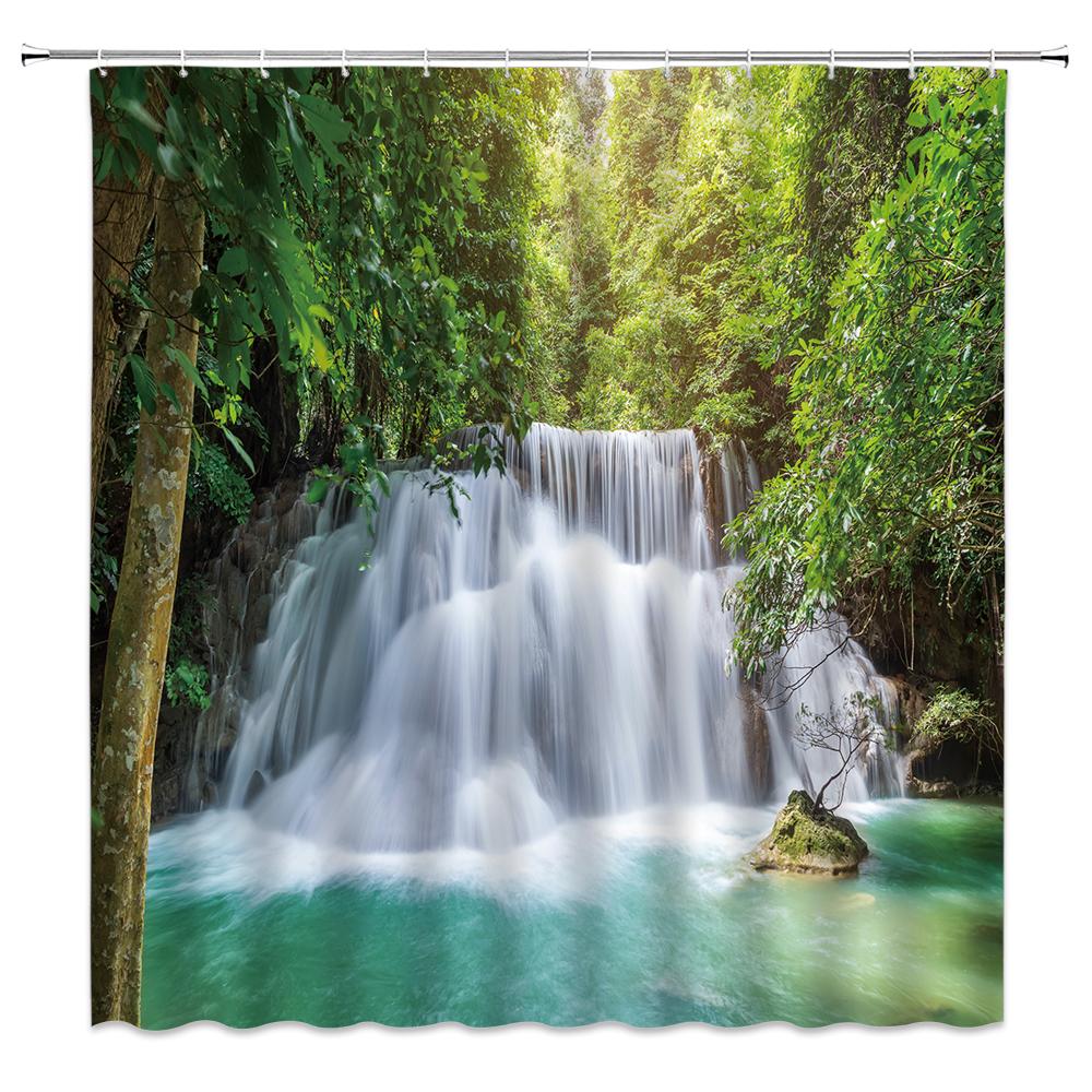 Natural Scenery Waterfall Shower Curtain Plant Lake River Landscape Bath Decor Bathroom Waterproof Polyester Cloth Curtain