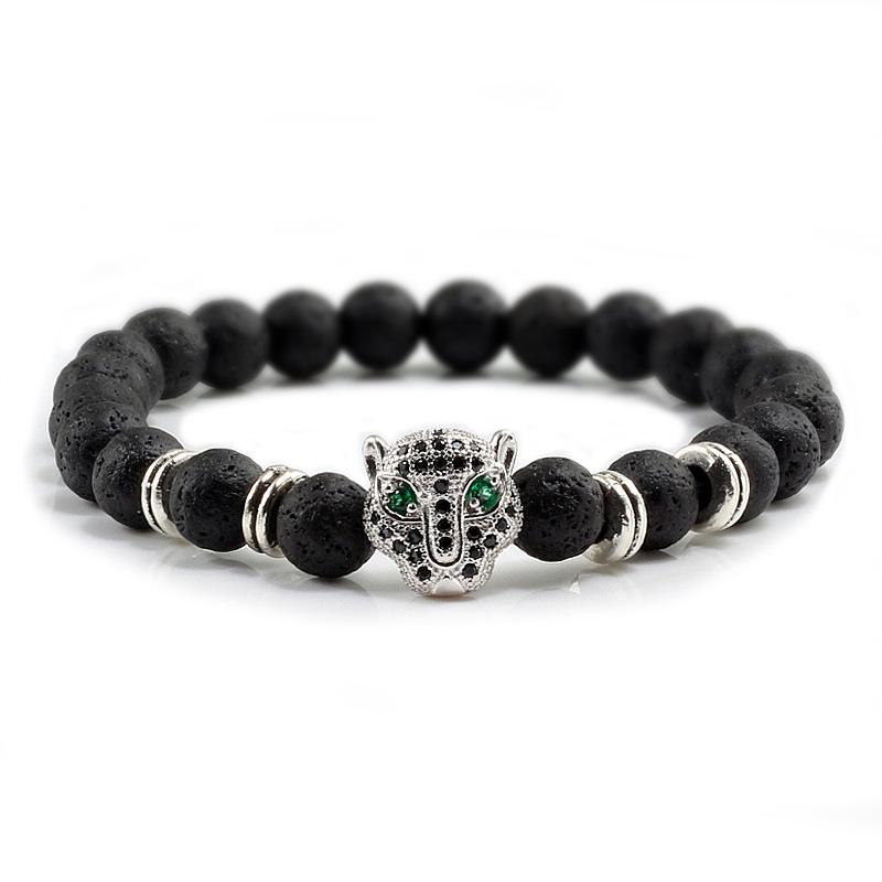 Volcanic Stone Beads Bracelet with Leopard Head and Diamond Circle - Trendy Elastic Hand Ornament