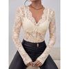 Women Sexy Floral Lace Long Sleeve Slim Fit V Neck Casual Base Top