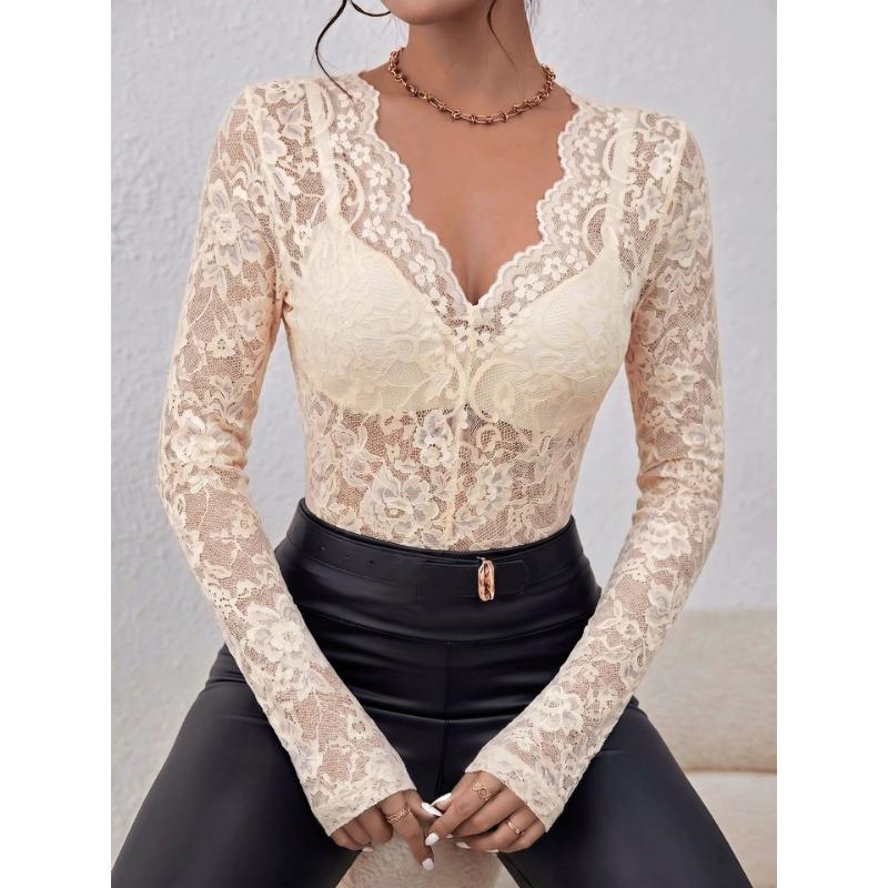 Women Sexy Floral Lace Long Sleeve Slim Fit V Neck Casual Base Top