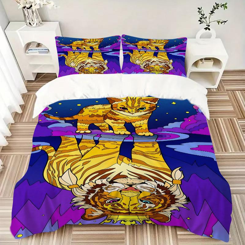 3pcs Tiger Cat Print Duvet Cover Set, 1 Duvet Cover + 2 Pillowcases (No Insert), High-Definition Print, Home & Dorm yy251123007