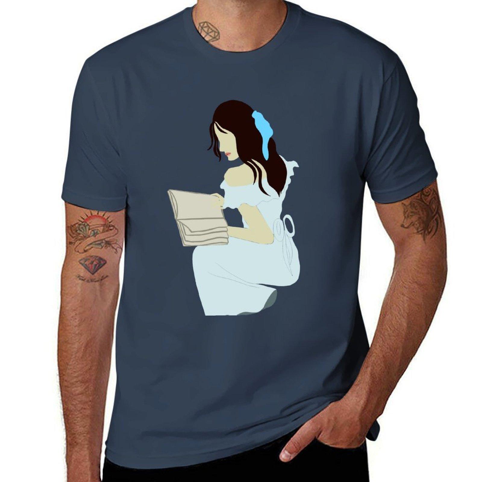 Abstract Faceless Girl Reading Tshirt Work Short Sleeve Cotton Top S