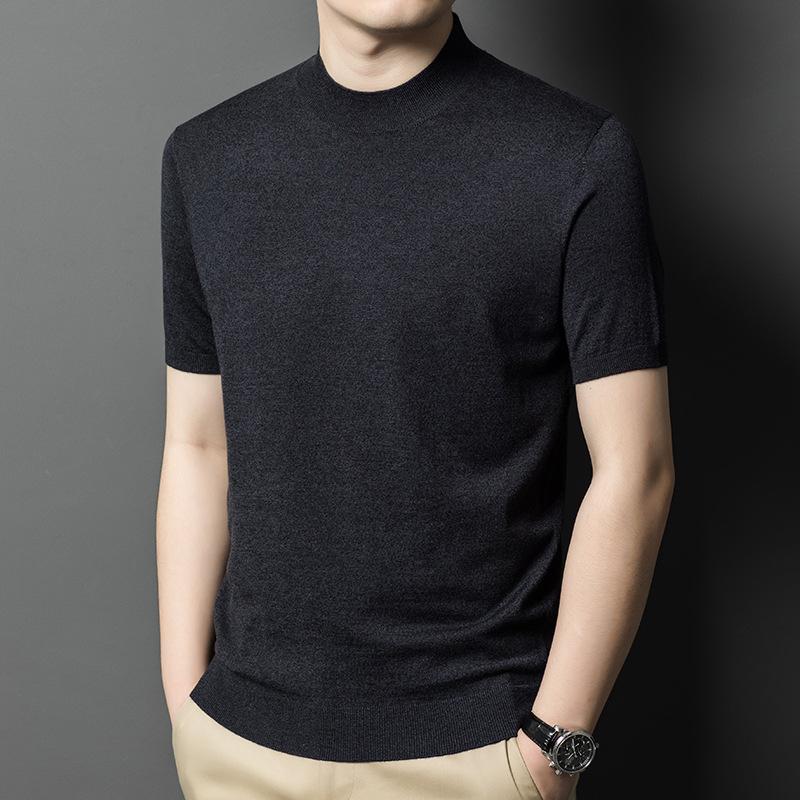 Spring New Solid Color Wool-containing Middle-aged Men's Sweater Thin Half Turtleneck Short-sleeved Sweater Men's Clothing