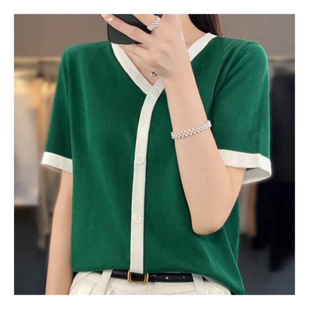 NaVaVa Unisex Simple Basic Line V Neck BuTTon ShorT sleeVe KniT T Nk1425