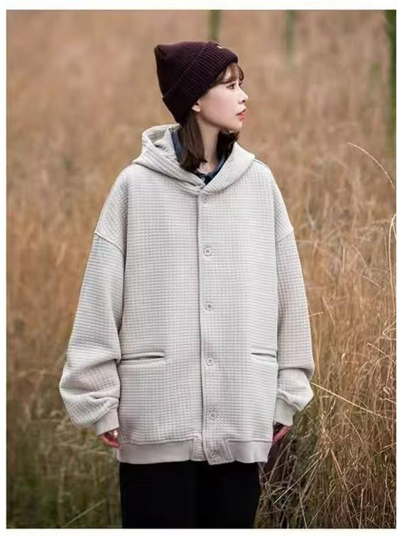 Unisex Japanese Retro Waffle Knit Hooded Cardigan - Loose Fit Solid Color Autumn/Winter Casual Jacket