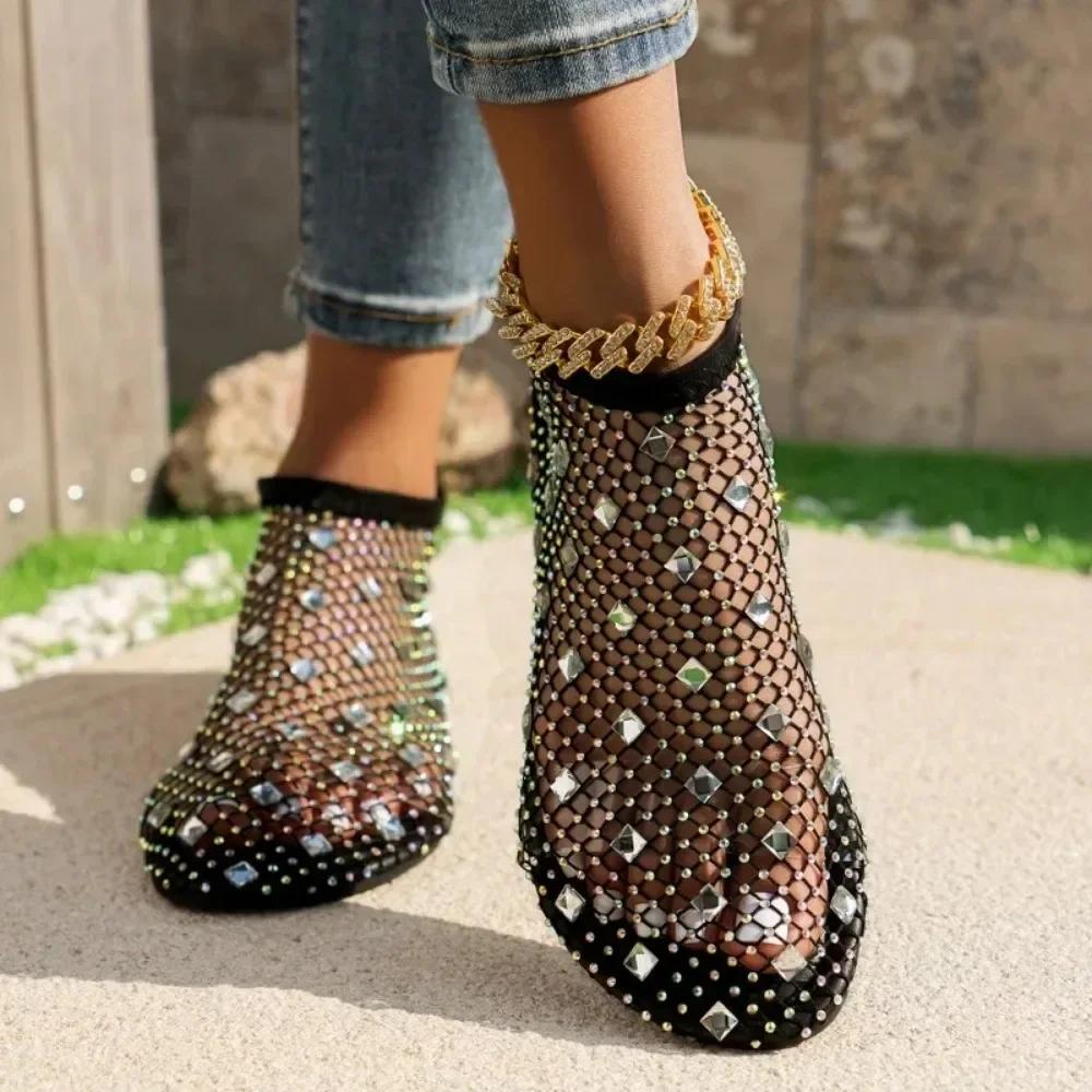 Women's Sandals 2024 Hot Selling Hollow Sexy Water Diamond Flat Bottom Mesh Sandals New Outdoor Women's Slippers Sandal