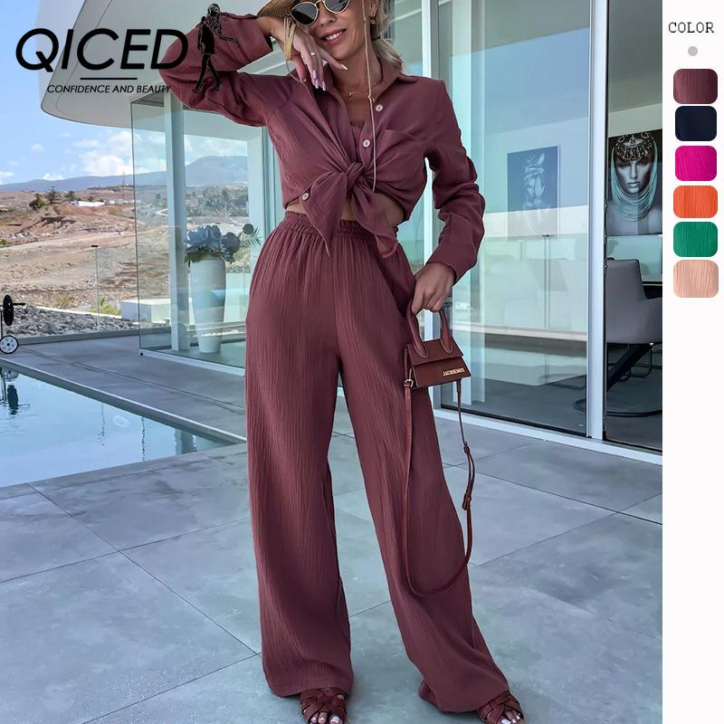 

QICED женская мода однотонный принт весна осень с длинным рукавом поло с воротником брюки брюки костюмы блузки и рубашки