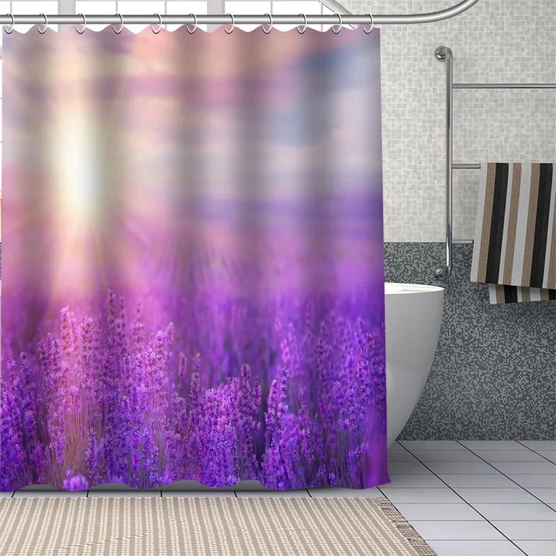 Beautiful Purple Lavender Flowers Shower Curtain Bathroom  Fabric Washable Polyester for Bathtub Art Home Decor with Hook