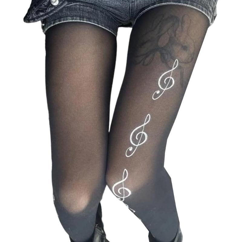 

Women s Elegant Japanese Style Gothic Semi Opaque Silk Pantyhose Stockings Musical Note Print Black Tights Leggings 1 чорний