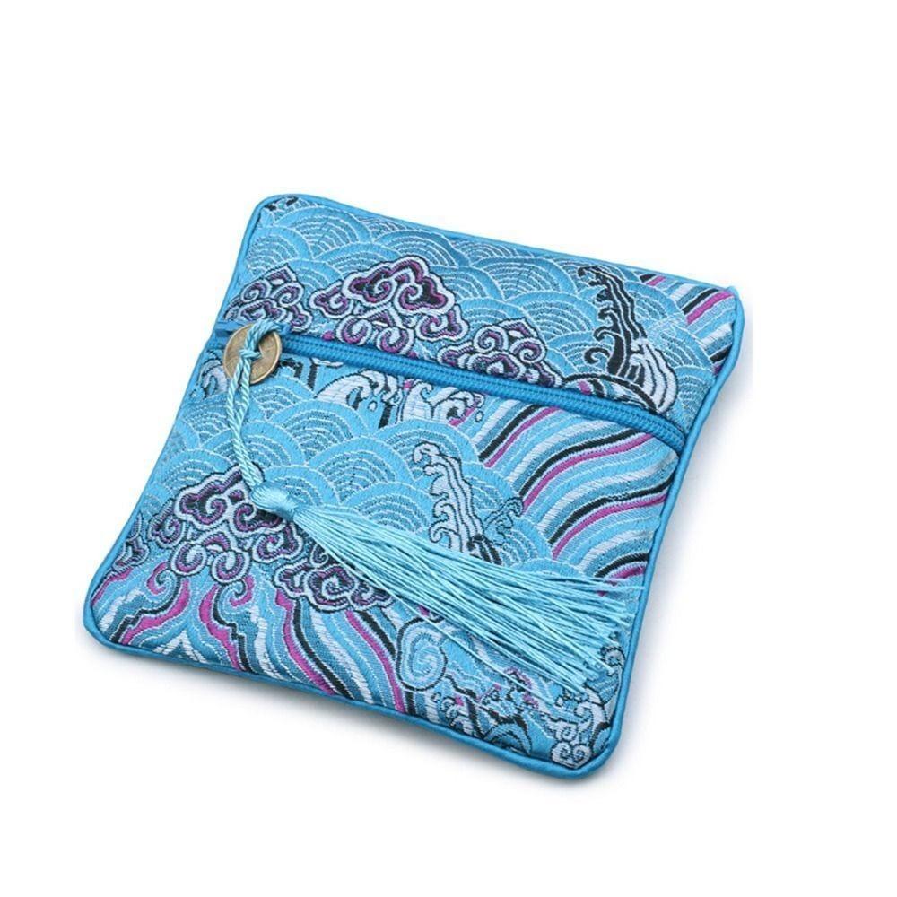 Women Exquisite Silk Jewelry Organizer New Chinese Style Embroidery Jewelry Storage Bag Wave Flower Zipper Bag