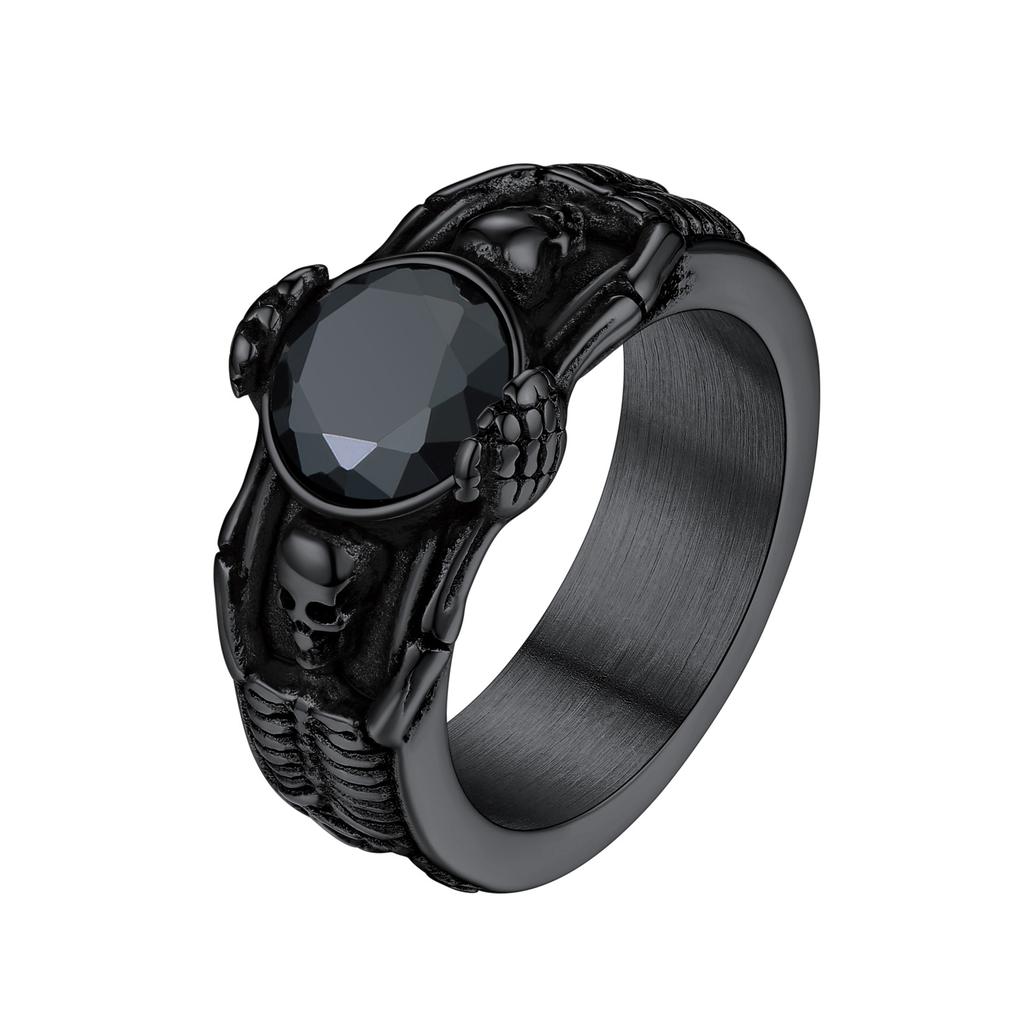 Stainless Steel Double Side Skeleton Holding Up Black Stone Skull Rings for Man Retro Gothic Punk Cool Jewelry Gift for Him