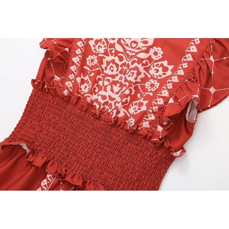 Kaslead New Arrival Women's Clothing Fashion Style Fashion Casual Three Colors Print Smocking Waist-Tight Dress