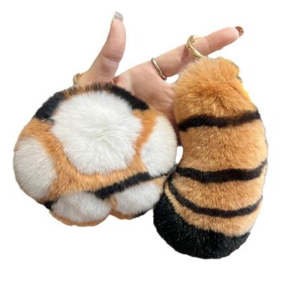 Rabbit Fur Big Cat Paw Keychain Tiger Tail with Key Ring Plush Doll Pendant Fluffy Soft Stuffed Animal Bag Charms Ornmant