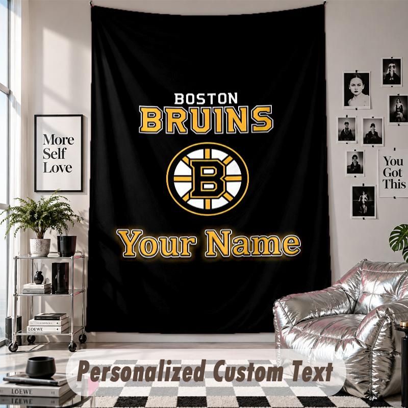 Wall Hanging Tapestry With Custom Name & Text, Boston Bruins Decorative Tapestry For Bedroom