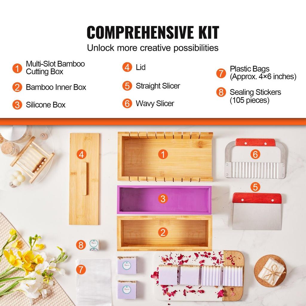Soap Making Kit, Bamboo Cutting Box and Inner Box with Silicone Mold, Stainless Steel Straight Cutter and Wavy Cutter, 100 Bags and 105 Stickers, Soap