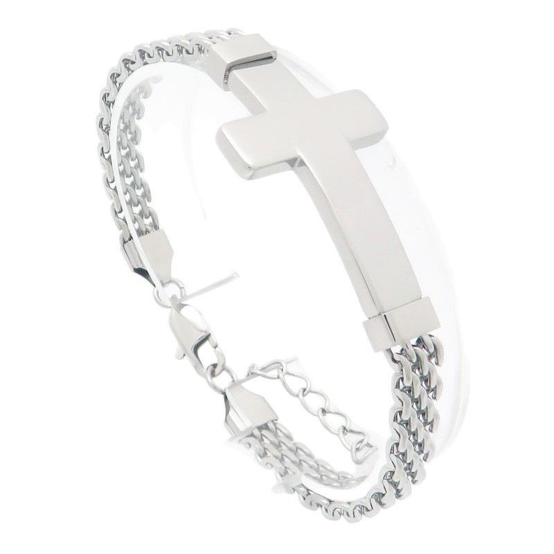 Personalized Stainless Steel Strap Bracelet Street Style Mesh Chain with Extended Chain Cross Bracelet Retro Men's Bracelet